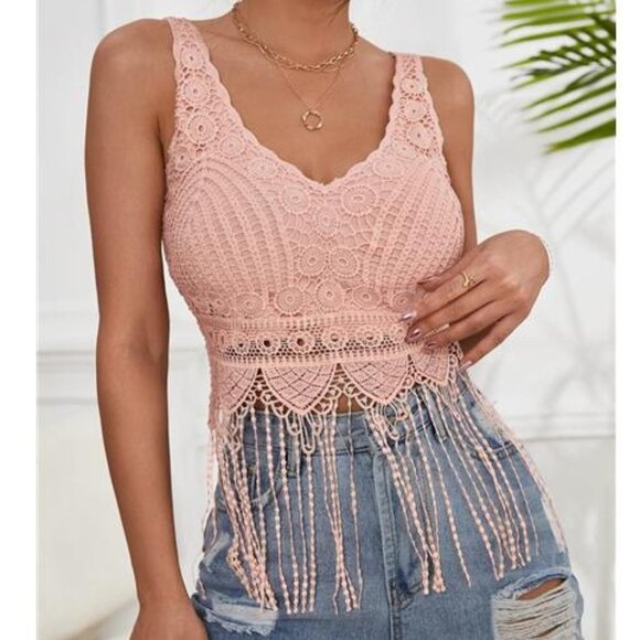 Pink Embroidered Lace Fringe Crop Top Tassel V-Neck Sleeveless Tank Top Cami - Picture 1 of 5